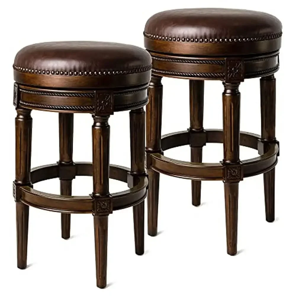 

Vintage Brown Vegan Leather Barstool Backless Bar Height Stool with Swivel Dark Walnut Finish