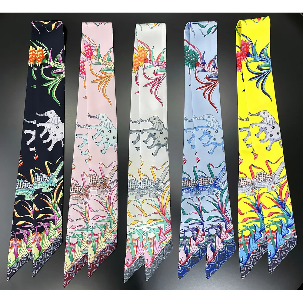 

Fashionable Elephant Animal Pattern Silk Ribbon Women's Scarf Versatile Hairband Bag Tying Ribbon Trendy Spring Autumn Scarf