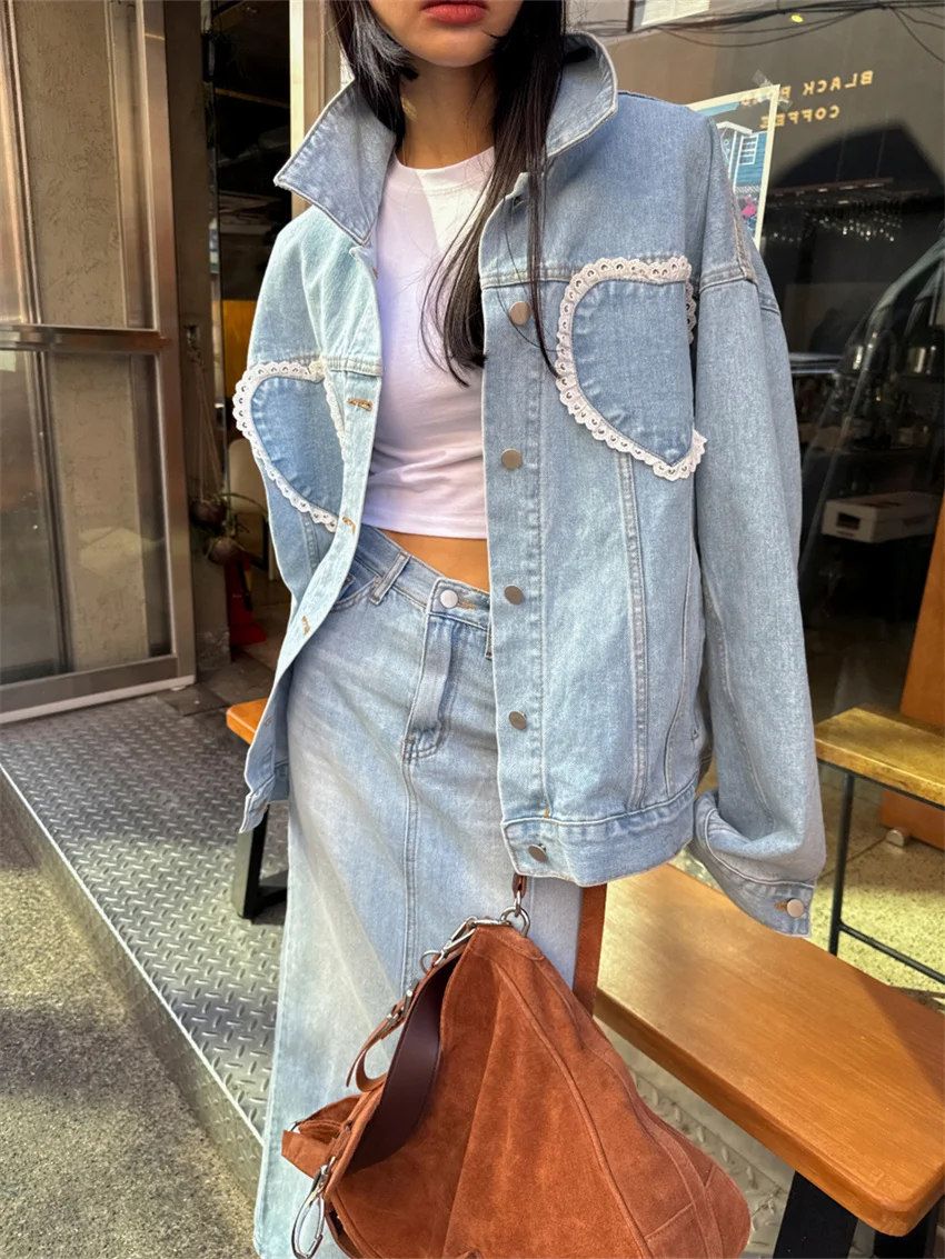 

Alien Kitty Fashion Spring New Jackets Women Loose Chic Oversize Office Lady Denim 2024 Lace Vintage Casual High Street Coats