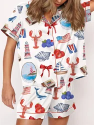 Women Y2k Pajama Set Short Sleeve Button Down Lobster Print Shirts and Shorts 2 Piece Lounge Pjs Sets Outfits