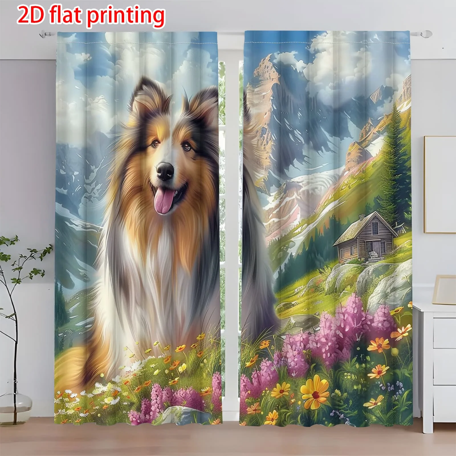 Sheltie Dog Mountain Scenery Curtains, Pet Lover Print Blackout Drapes for Living Room, Nature Themed Home Decor
