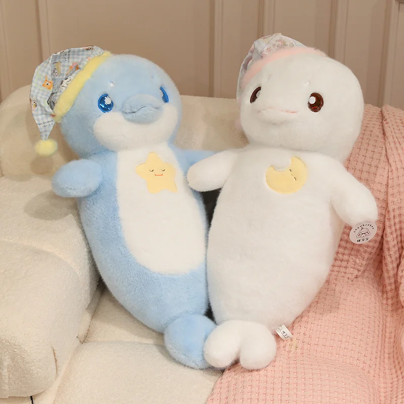 Adorable Dolphin Plush Blue Pink White With Sleep Cap And Yellow Star Design Kawaii Stuffed Ocean Accent Bedroom Cuddly
