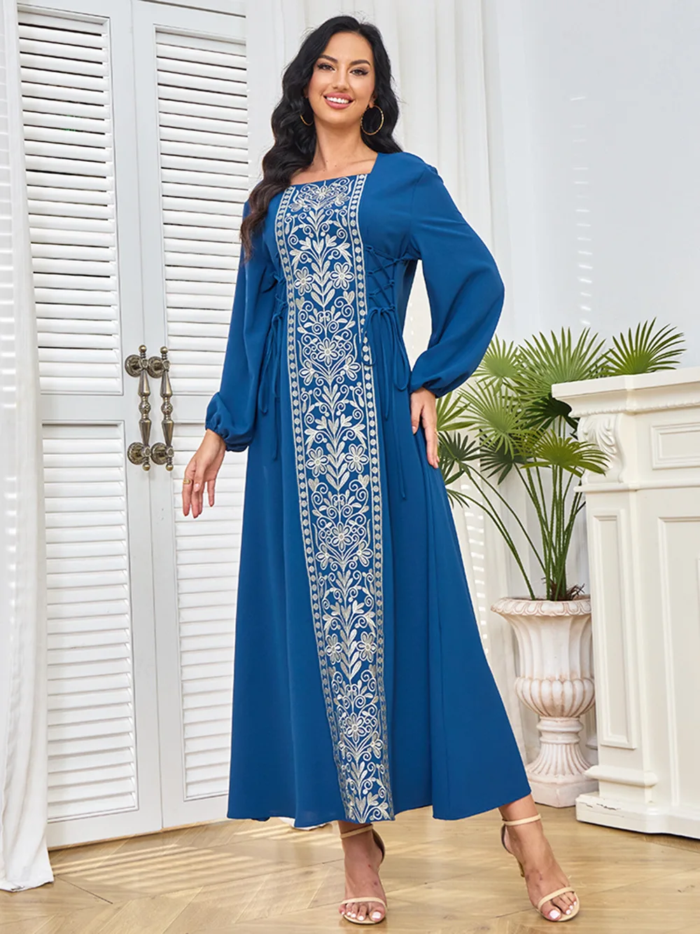 Classic Embroidery Blue Women Jalabiya Arabic Dress Modest Muslim Abaya-Square Neckline, Long Sleeve Elastic Cuff, Side Lace Up