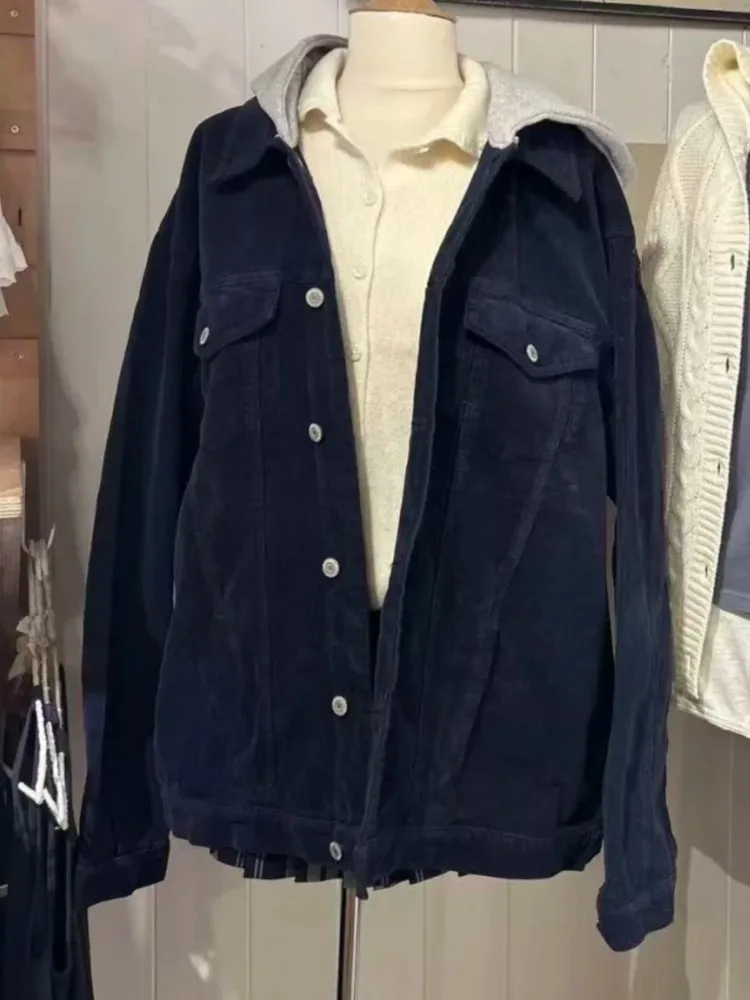 

Темно-синяя вельветовая искусственная двухсекционная свободная куртка с капюшоном, женская осенняя хлопковая толстая теплая куртка на шнурке, топ, винтажная шикарная верхняя одежда, новинка