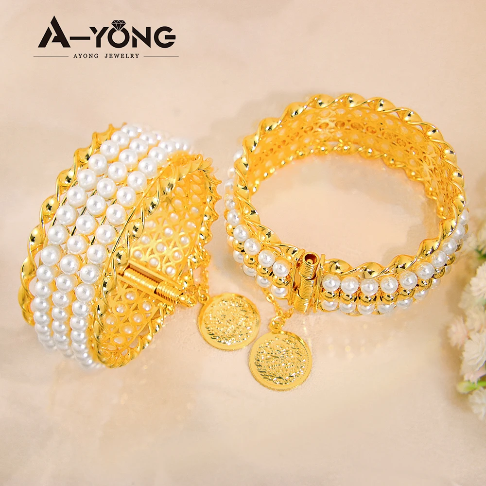Dubai Luxury Elegant Pearls Bracelet 21k Gold Plated Multi Layer Fashion Cuff Bangles Saudi Women Wedding Party Jewelry
