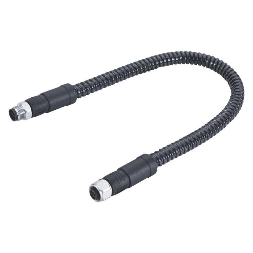 M12 S Code Male to Female Connector Molded PVC 5x16AWG 1M Flexible Conduit With Steel Amoured Cable, Stainless Steel Screws