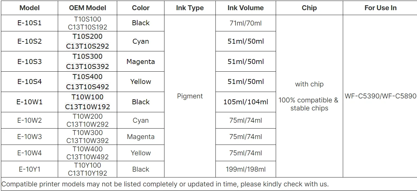 North America  T10W1 T10W2 T10W3 T10W4 Premium Compatible Color Inkjet Ink Bag For WorkForce Pro WF-C5390/WF-C5890