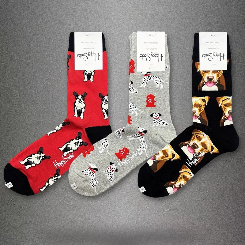 Happy Socks 3 Pairs Men Cotton Crew Socks Sweat Absorbent Combed Cotton Mid Tube Sock Breathable Big Size Casual Fashion Trendy