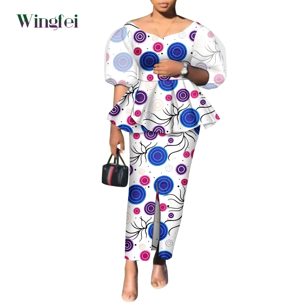 Fashion African Clothes African Print Top and Skirt 2 Piece Sets Dashiki Women Outfit Puff Sleeve African Suits for Women WY9282