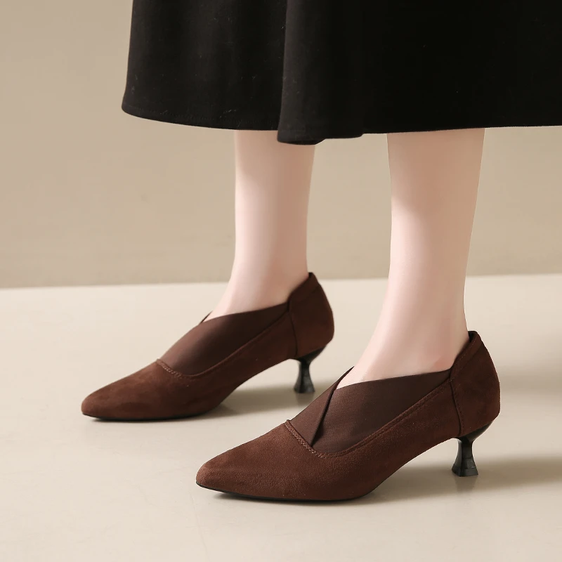 Zapatos de gamuza con punta estrecha para mujer, Zapatos de tacón medio a la moda para mujer, tendencia de otoño 2025, vestido de diseñador de marca, Zapatos elegantes y sexis para mujer