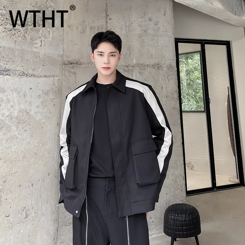 

WTHT модные мужские полосатые пальто с карманами контрастного цвета, модные осенние однобортные повседневные куртки с лацканами 202, мужские 2A2091