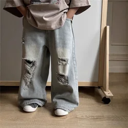 2025 Spring Summer New Korean Style Boys' Fashion Retro American Style Piercing Jeans Children's Pants Versatile