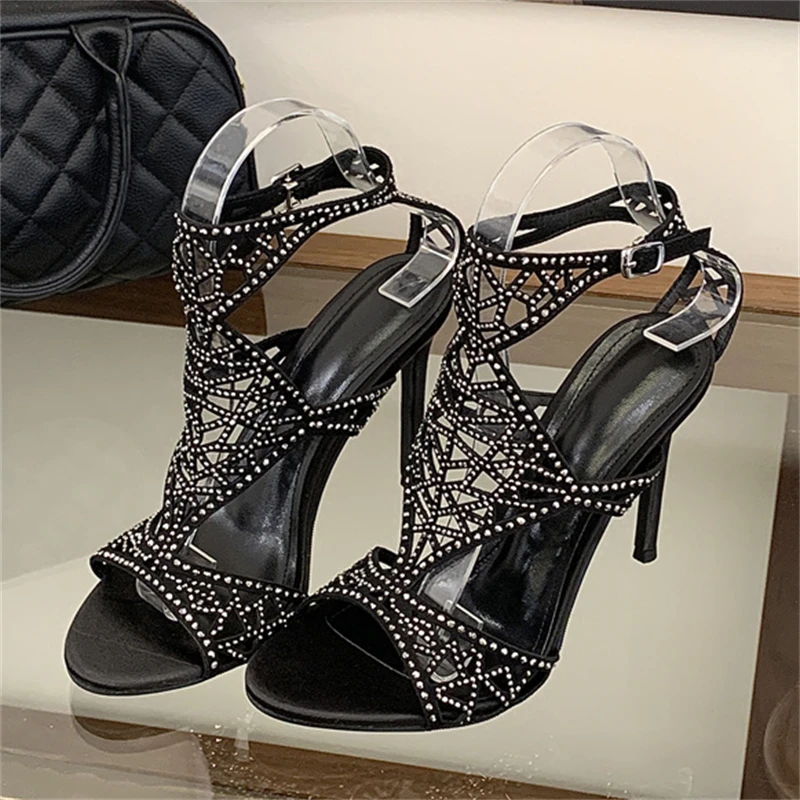 

Aneikeh Sexy Black Sparkling Rhinestone Diamond Hollow Women Sandals Thin High Heels Buckle Strap Banquet Stripper Pumps Shoes