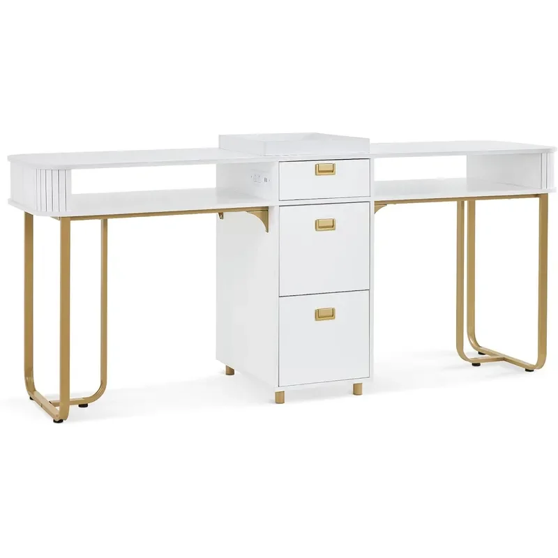 Double Nail Tech Desk with Storage Drawers Modern Manicure Table with Built-in AC Outlets USB Ports for 2 People Acetone