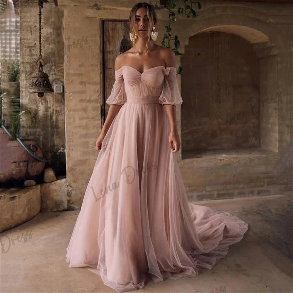 

Lena-Pink sheer ball dress, women's short sleeved off shoulder evening dress, retro formal party wedding dress