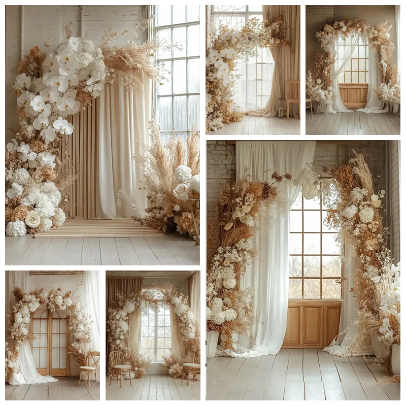 

Boho Photography Background Retro Flowers Pampas Grass Backdrop Wedding Birthday Maternity Portrait Photo studio Supplies