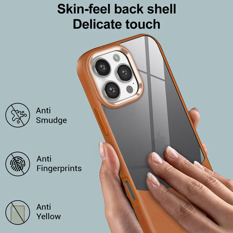 Leather Textured Acrylic 2 in 1 Case for IPhone 16 15 14 13 12 11 Transparent color matching Metal Lens Protect Shockproof Cover