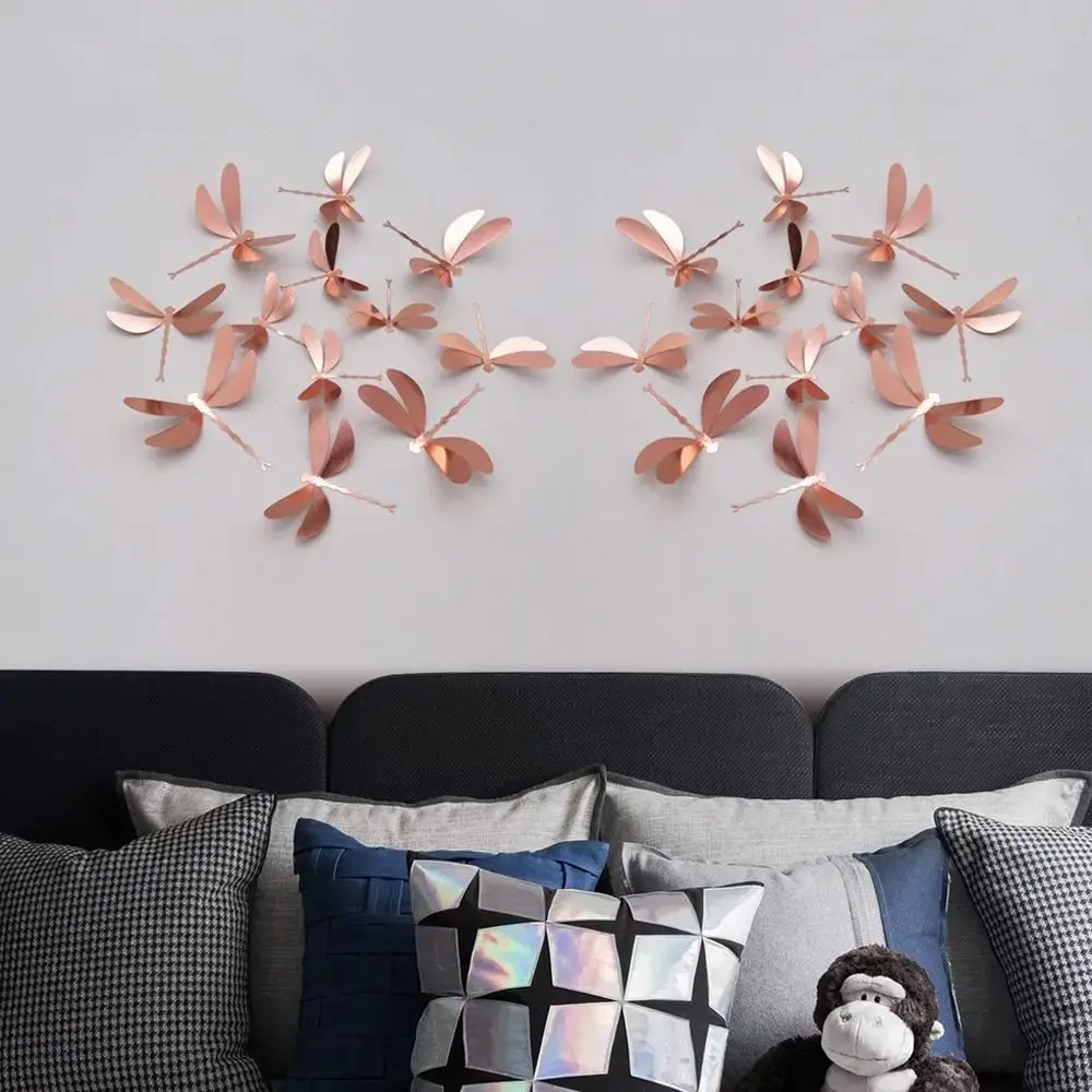 12PCS 3D Imitation Dragonfly Wall Sticker Wedding Party Decoration PVC Metal Texture Gold Silver Butterfly Wall Stickers