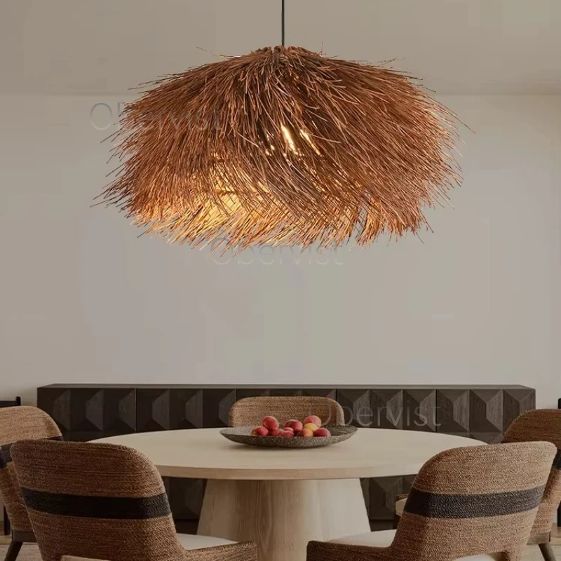 Rattan Pendant Lamp with E27 Bulb Restaurant Bar Hanging Light Home Decor Chandelier