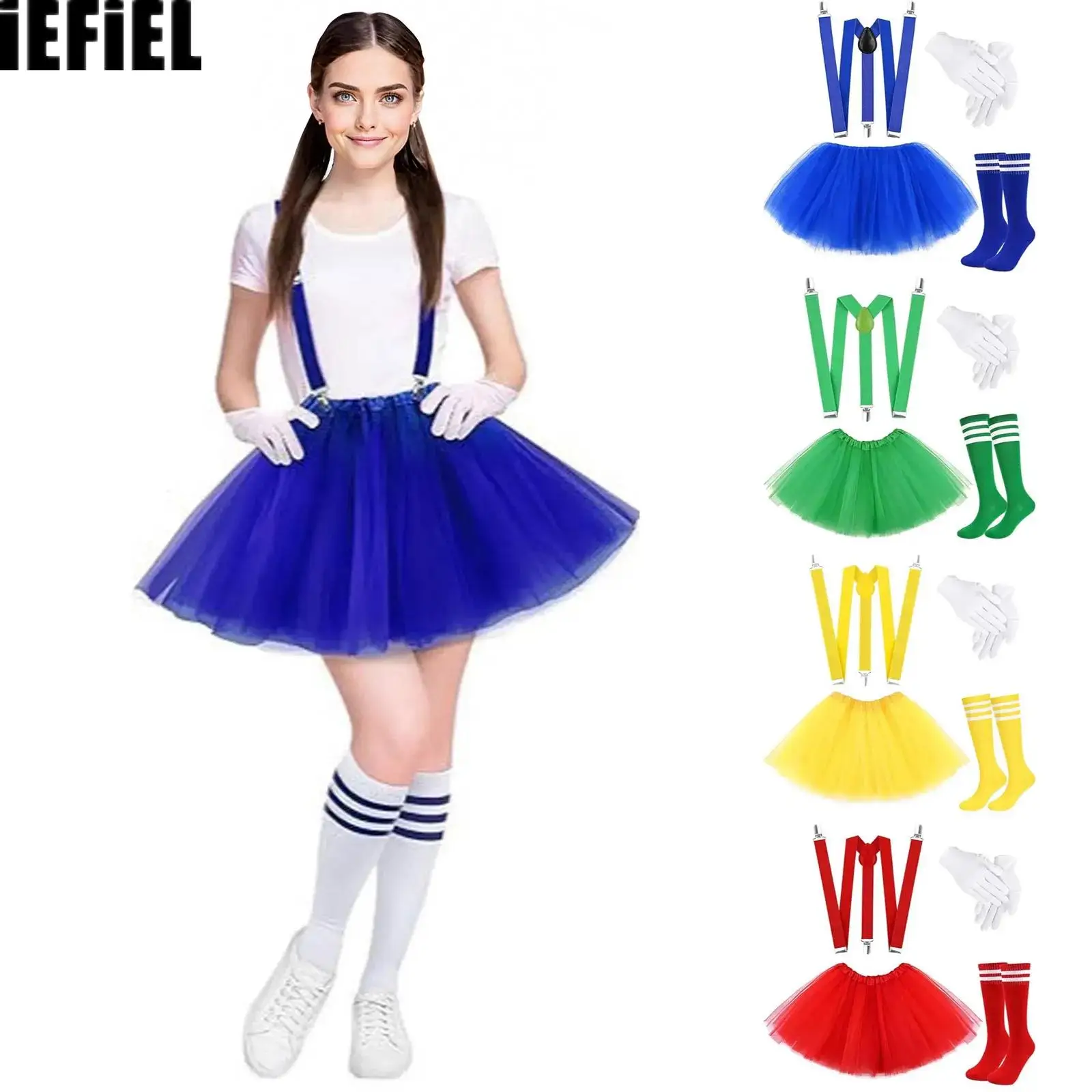 

4Pcs Halloween Costume Tutu Skirt Suspenders Set for Women Y Shape Suspender Tube Stripe Socks And Gloves for Performances