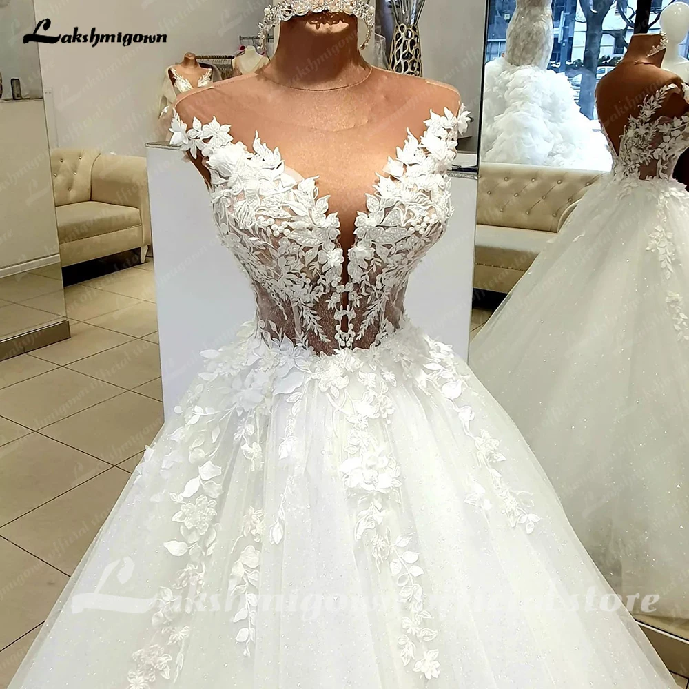 Lakshmigown Classic Glitter Wedding Gown For Bride Illusion 3D Lace Appliques A-LINE Wedding Dress Abito Da Sposa Customized