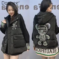 Winter 2024 Diamond-encrusted Cartoon Cotton Vest Women's Hooded Zipper loose Vest Thick Warm Korean Style Black Vest Jacket