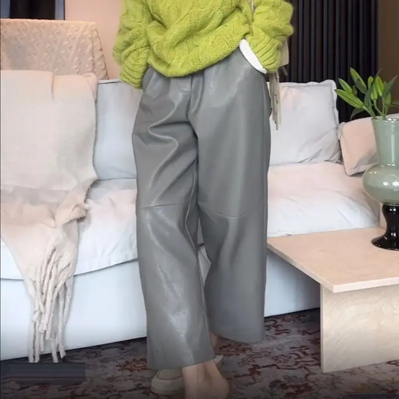 

elastic waist wide-leg casual pants women's 2025 autumn new simple commuting versatile fashion nine-point leather pants