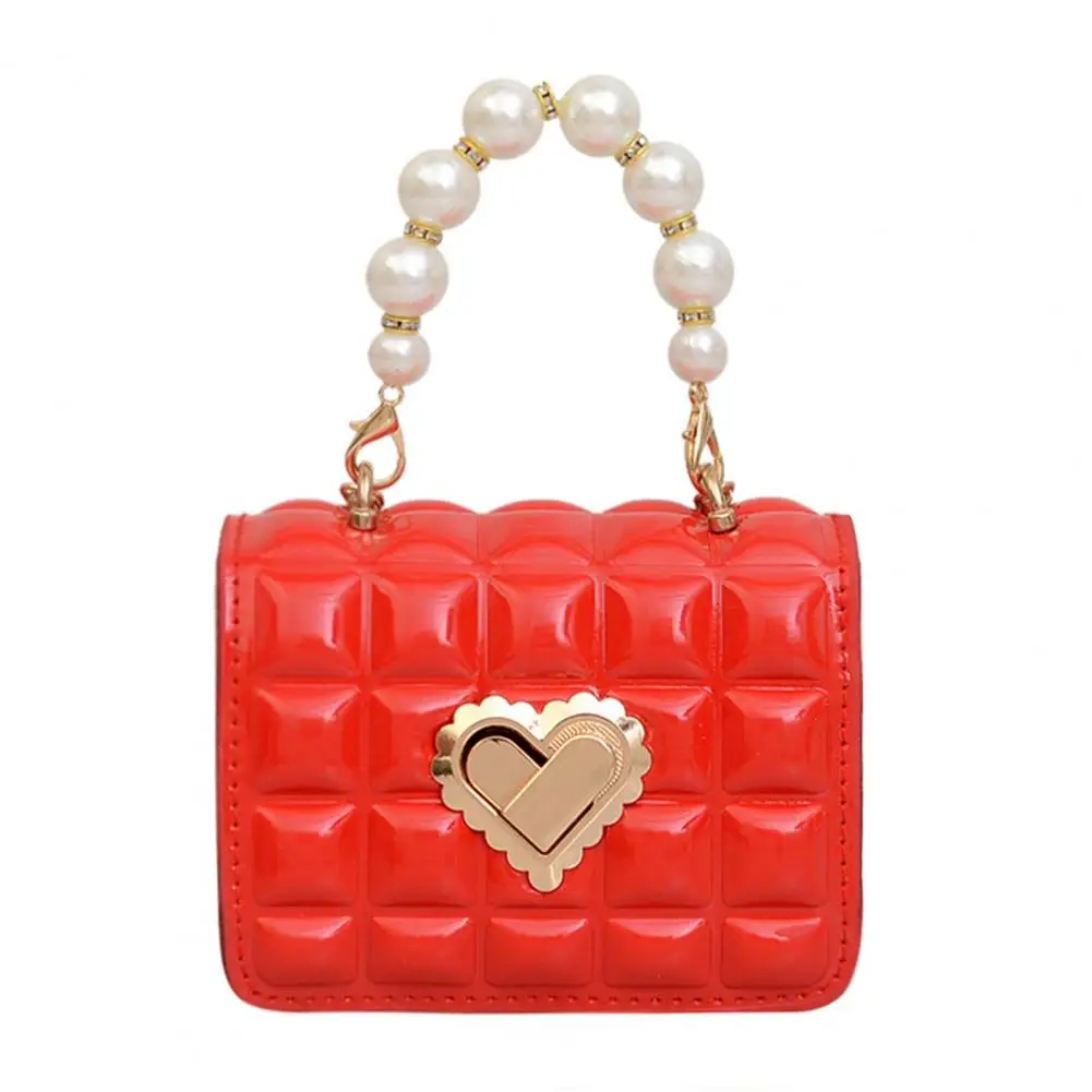 Shoulder Bag for Women Girls Faux Pearl Handle Leather Handbag Golden Love Heart Chain Mini Elegant Single Shoulder Bag Purse