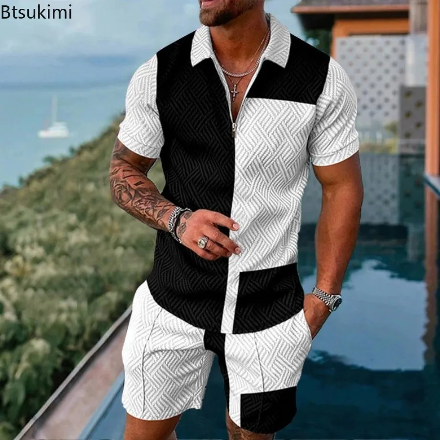 2024 Set di abiti estivi da uomo stampa 3D Polo con cerniera + pantaloncini Set di due pezzi Set di tute da uomo Casual di moda morbida