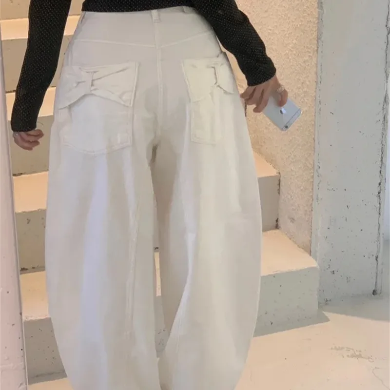 High Waist Wide Leg Casual Straight Jeans Women's Korean Style Multi-Pocket Workwear Denim Loose Slimming Long Trousers