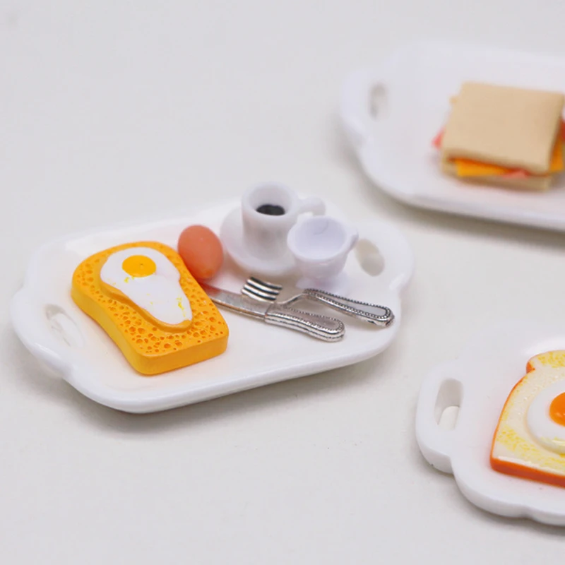 1Set 1:12 Dollhouse Miniature Toast Bread Coffee Egg Fork Spoon with Dinner Plate Kitchen Breakfast Model Decor Toy