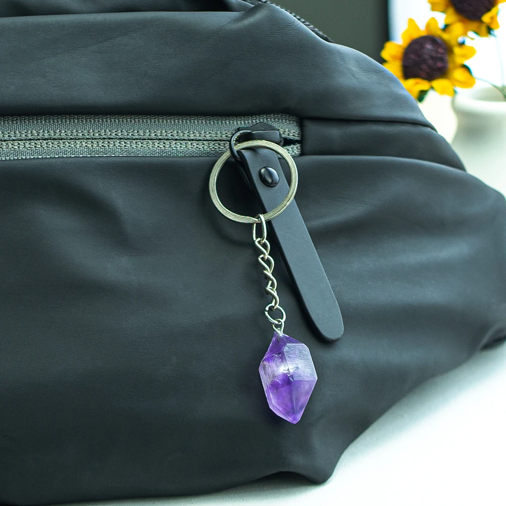 Natural Amethyst Flower Keychains Crystal Healing Stone Keychain Irregular Rough Quartz Reiki Healing Gemstone Dangle Pendant