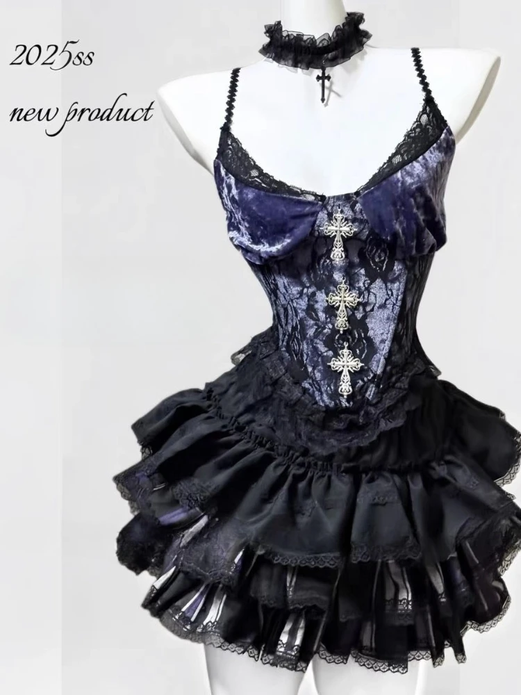 Summer Gothic Vintage Elegant Strap Lace Woman Suit Y2k Lolita Sexy Design Retro 2 Piece Sets Female Korean Style Chic Outfits