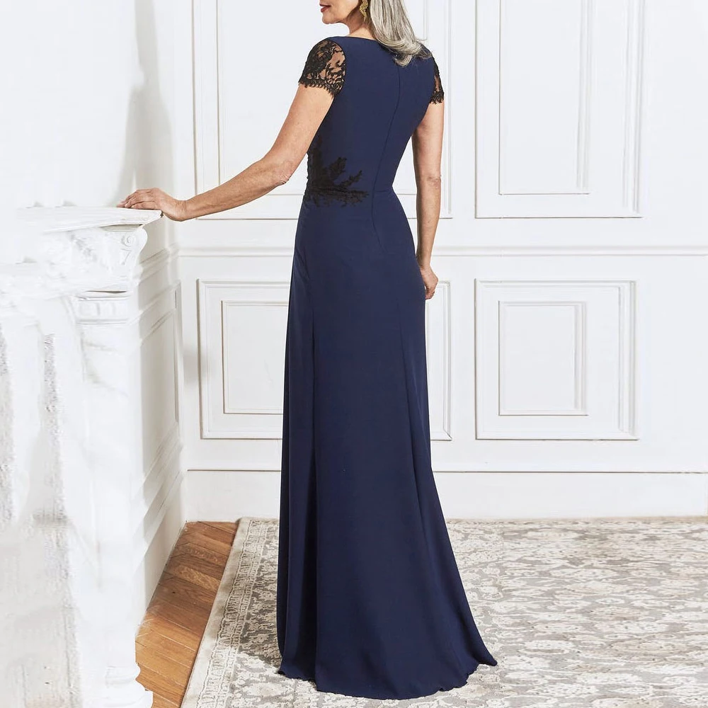 Vestidos personalizados para madre de la novia, color azul marino, Apliques de encaje, tubo, manga corta, largo hasta el suelo, vestido de fiesta sencillo con cuello en V, largo P