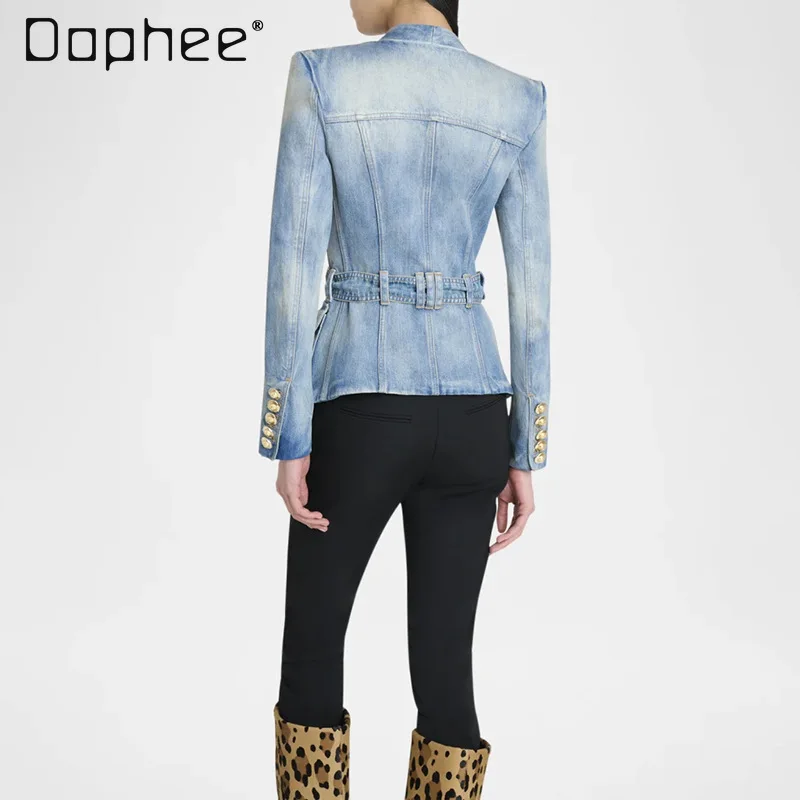 2025 Herfst Nieuwe Mode Persoonlijkheid Trendy Vintage Verontruste Denim Jassen voor Vrouwen Riem Slanke Lange Mouwen Diepe V-hals Jassen