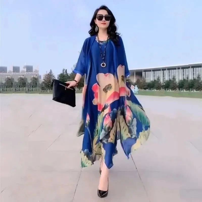 Middle Aged Mother Dress Suit Summer Casual Fashion Printing Two Piece Suits Long Dress Suits Women Temperament Dress Sets 729