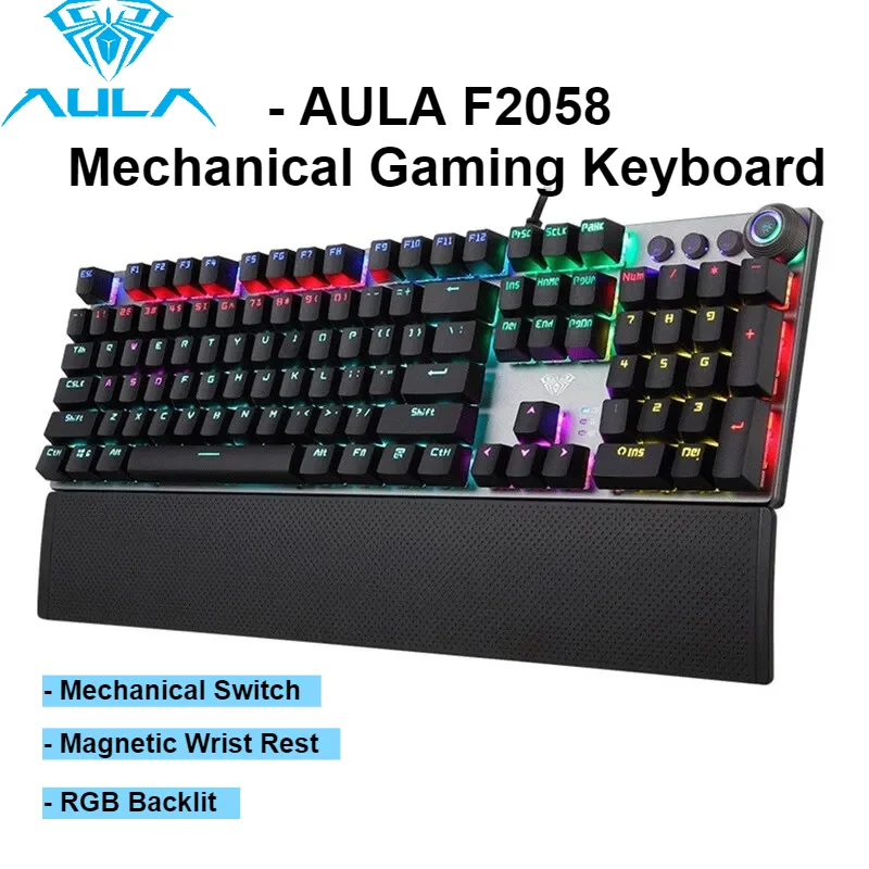 AULA F2058 Mechanical Gaming Keyboard, Wired 108 Keys with RGB Backlit, Magnetic Wrist Rest, Multimedia Knob, Anti-Ghosting for