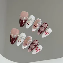 Handmade Charming Vintage False Nails Wine Red French Tip Press On Nails Almond Fake Nails With Rhinestone Silver Chain Decor