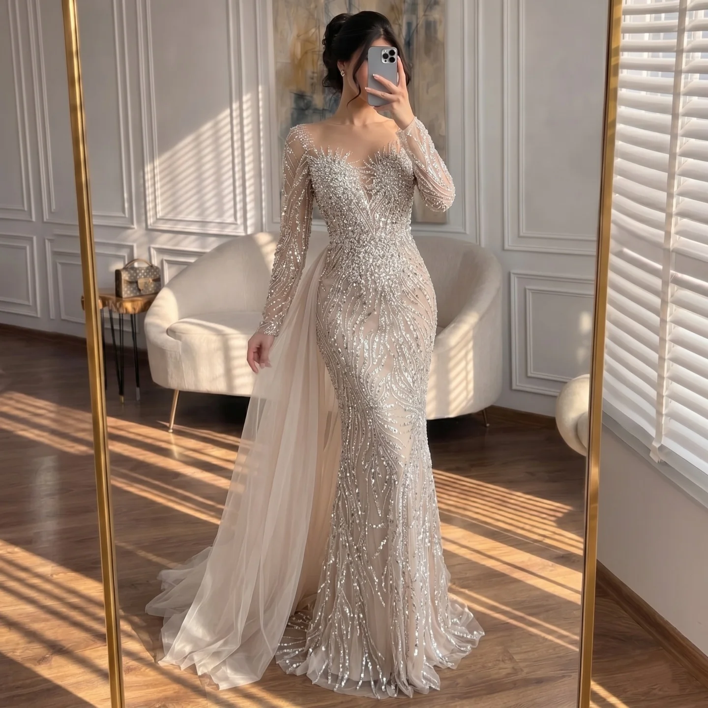 Serene Hill White Nude Long Sleeves Mermaid Pearls Beaded Evening Dress  with Train Wedding Party Gowns DLA72634A Customized - AliExpress 320