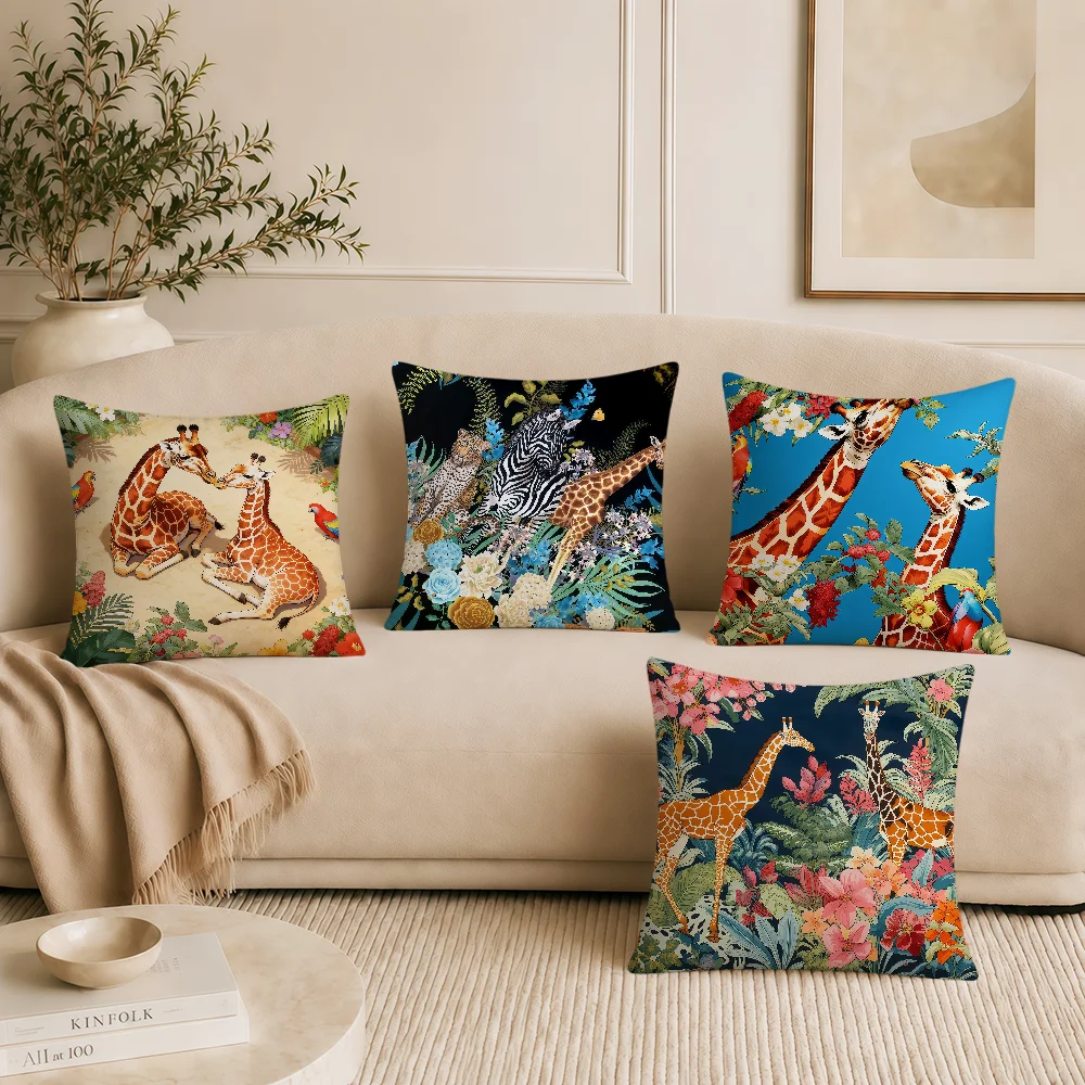 Retro Fashion Art Tropical Giraffes Soft Pillowcase Double Sided Sofa Home Living Room Decor Bed Hogar Pillowcover Gift