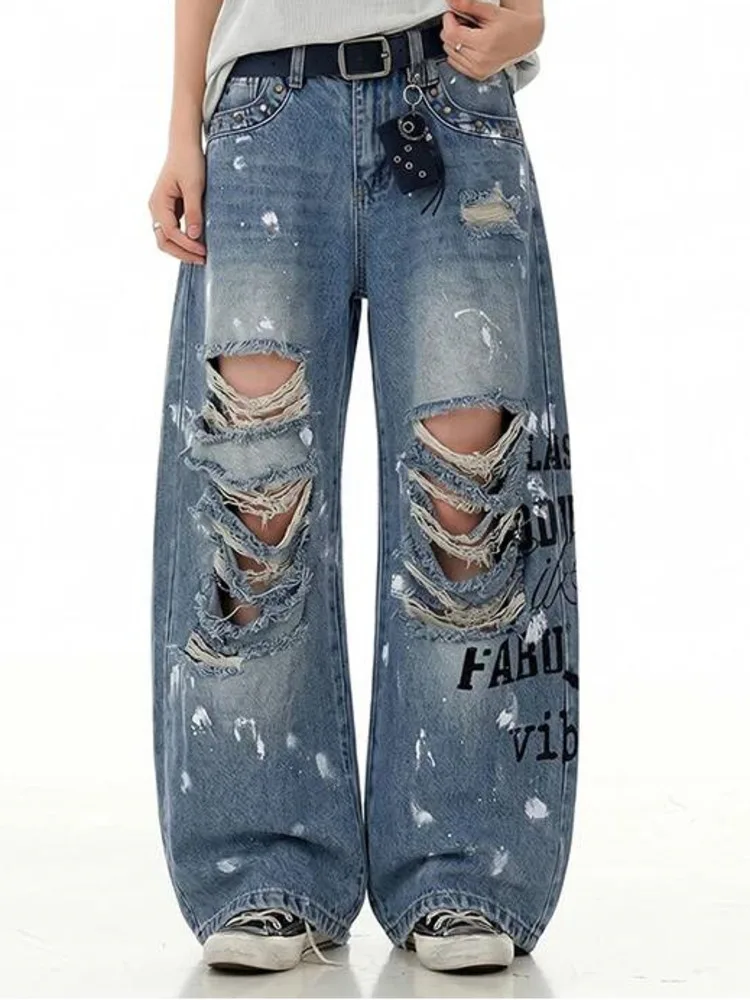 Blue Streetwear Vintage Men's Baggy Jeans American Casual Distressed Paint Splatter Print Fashion Denim Long Pants 7QIV