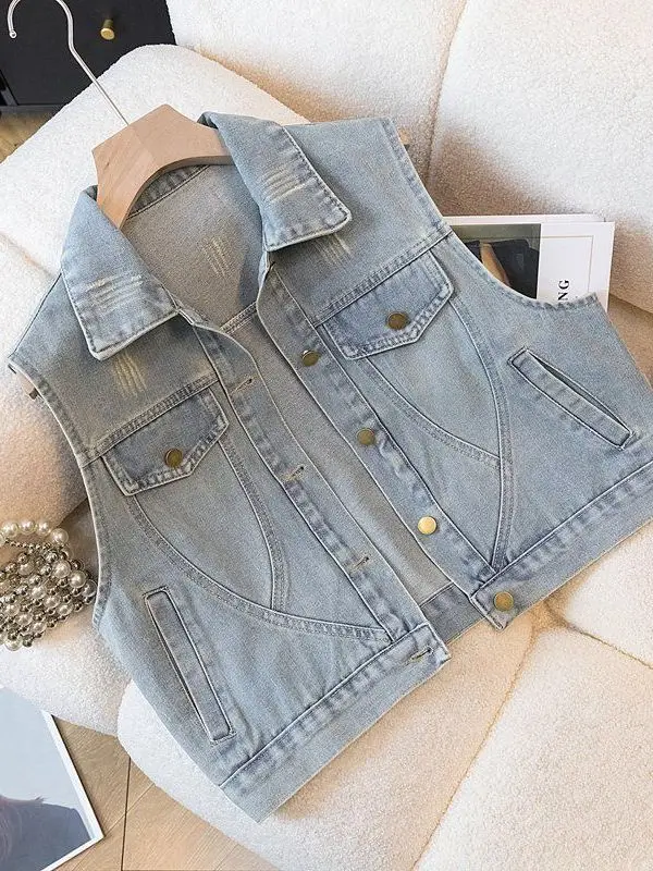 Casual Style Women's Denim Vest Spring Autumn Fashion Hong Kong Style Multi-Pocket  Claw Slimming Loose Fit Sleeveless