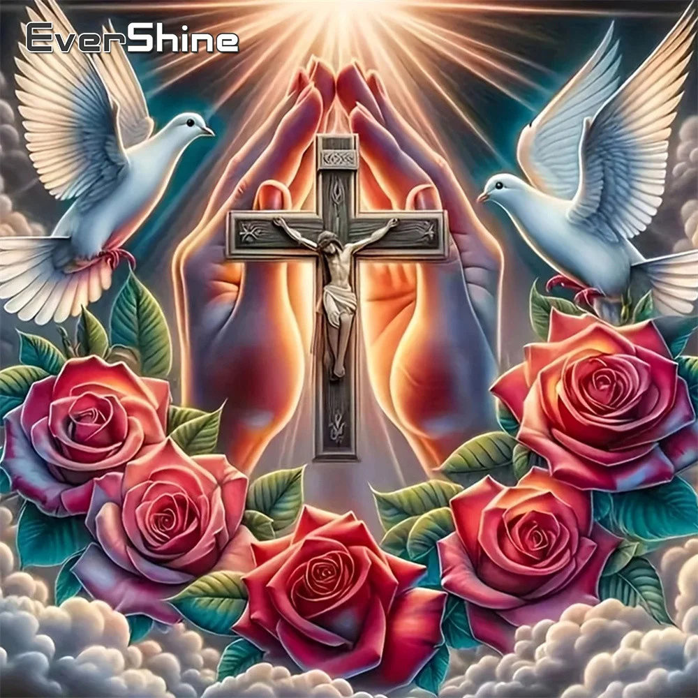 Evershine DIY Bordado de Diamante Religioso Jesus Pintura Cruz Mosaico Rosa Pombo Imagem Arte de Parede para Casa Quarto