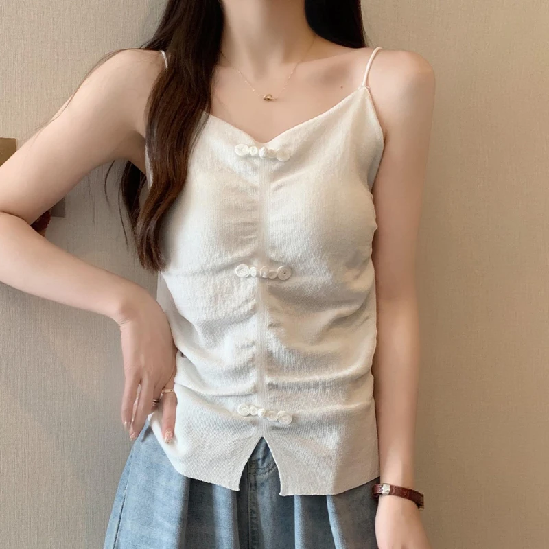 

New Chinese Button Camisole Women Solid Color V Neck Sleeveless Pleated Knitted Tank Top