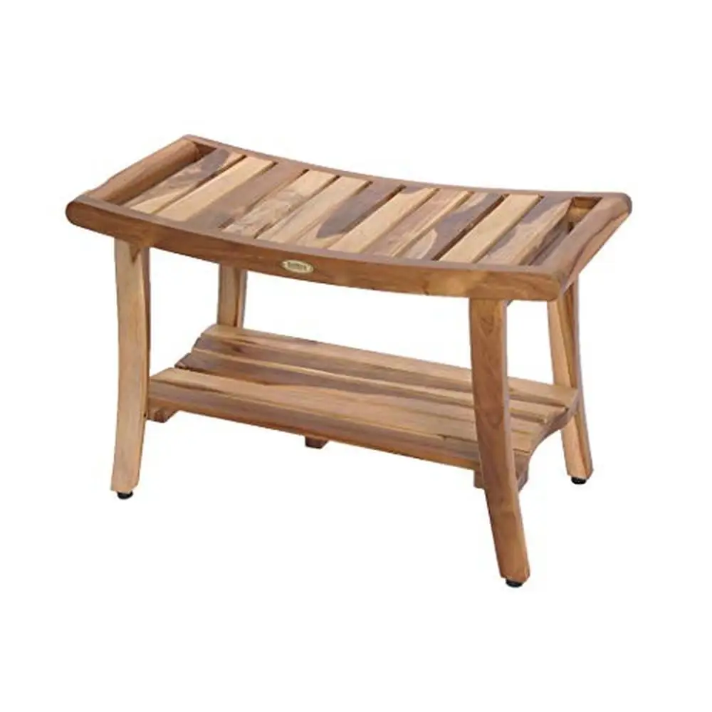 

Teak Wood Shower Bench with Adjustable Height Foot Pads Solid Teak Bathroom Stool with Utility Shelf LiftAide Handles Safety