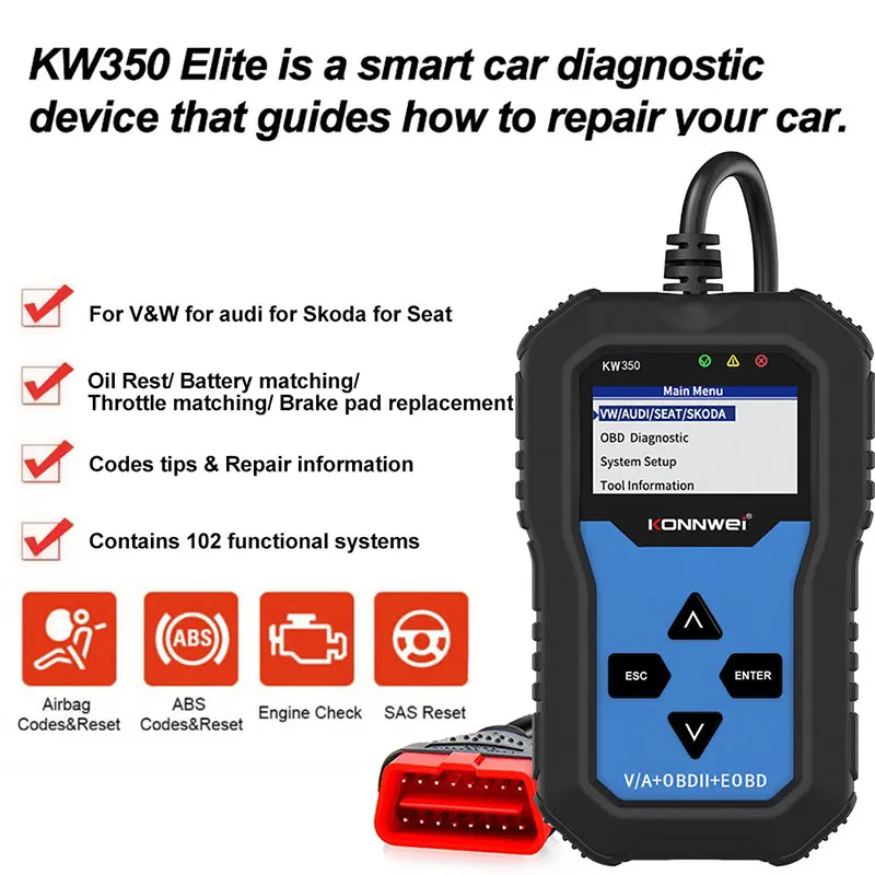 Best Quality KONNWEI KW350 OBD2 Car Code Reader Scanner For VAG Full System ABS Airbag Oil Light Reset EPB Auto Diagnostic Tool