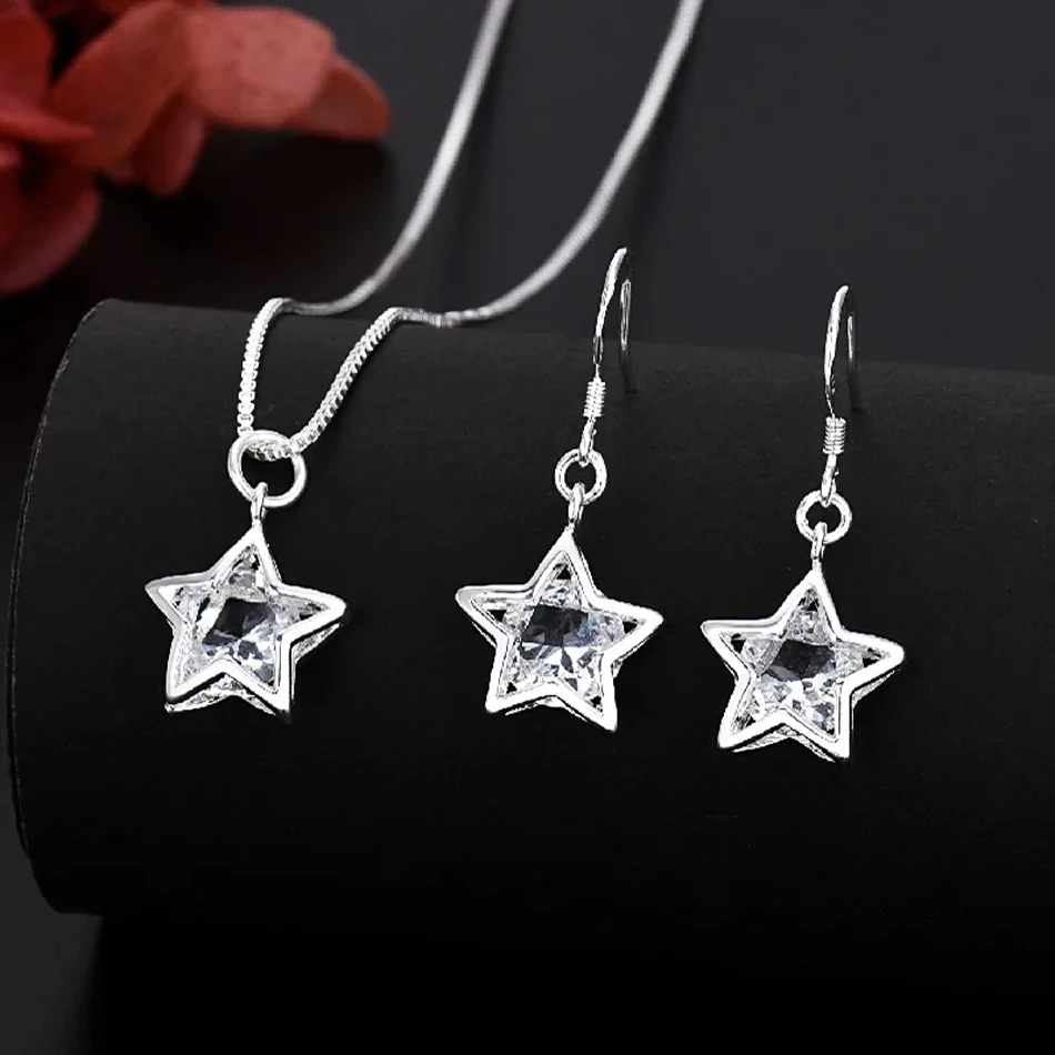 Heiße Luxus-Designer-Ohrring-Halskette aus 925er-Sterlingsilber mit hübschem Kristall-Stern für Damen, Mode, Party, Hochzeit, Schmuck, Paar-Geschenk – Detail 2