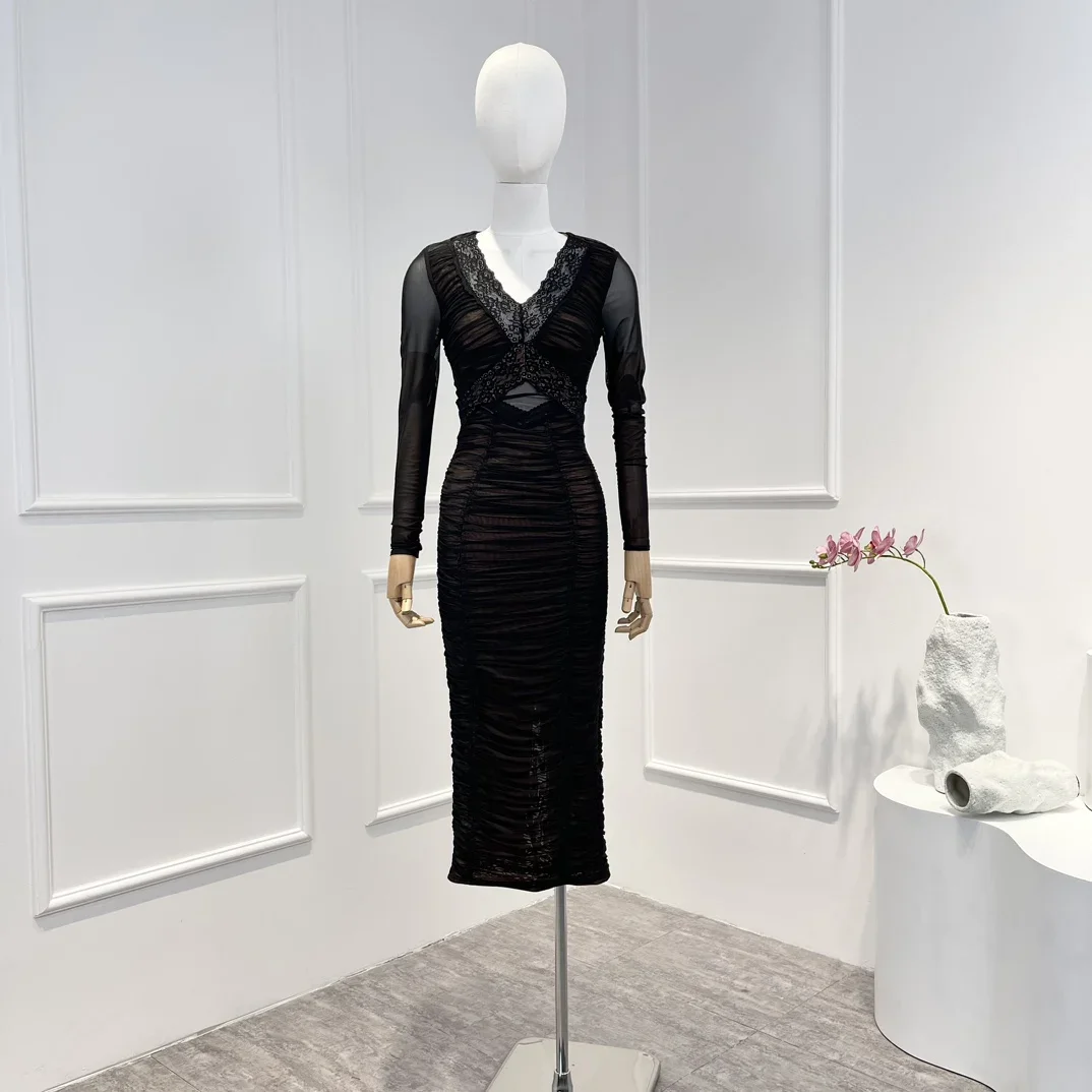 

Latest Top Quality Spring Black Lace Patchwork Long Sleeve Ruched Tulle Slit Slim Fit V-Neck Women Midi Dress