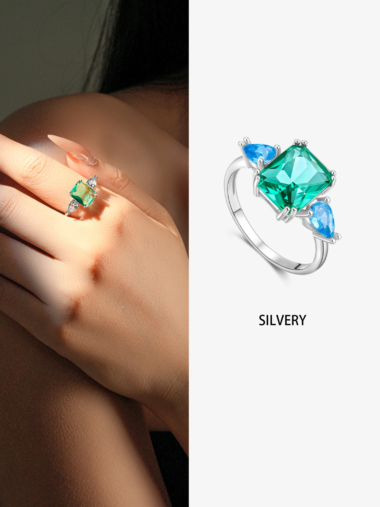 

ANDYWEN 925 Silver Cocktail Ring, 5A Green & Blue Zirconia Cluster, Adjustable Jewelry for Women, Special Occasion Gift with Box