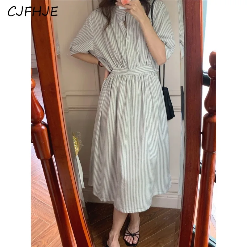 CJFHJE-فستان قميص مخطط عالي الخصر للنساء ، برباط ، كلاسيكي ، كاجوال ، فساتين طويلة ، موضة كورية ، أنيقة ، ربيع ، صيف ، جديد
